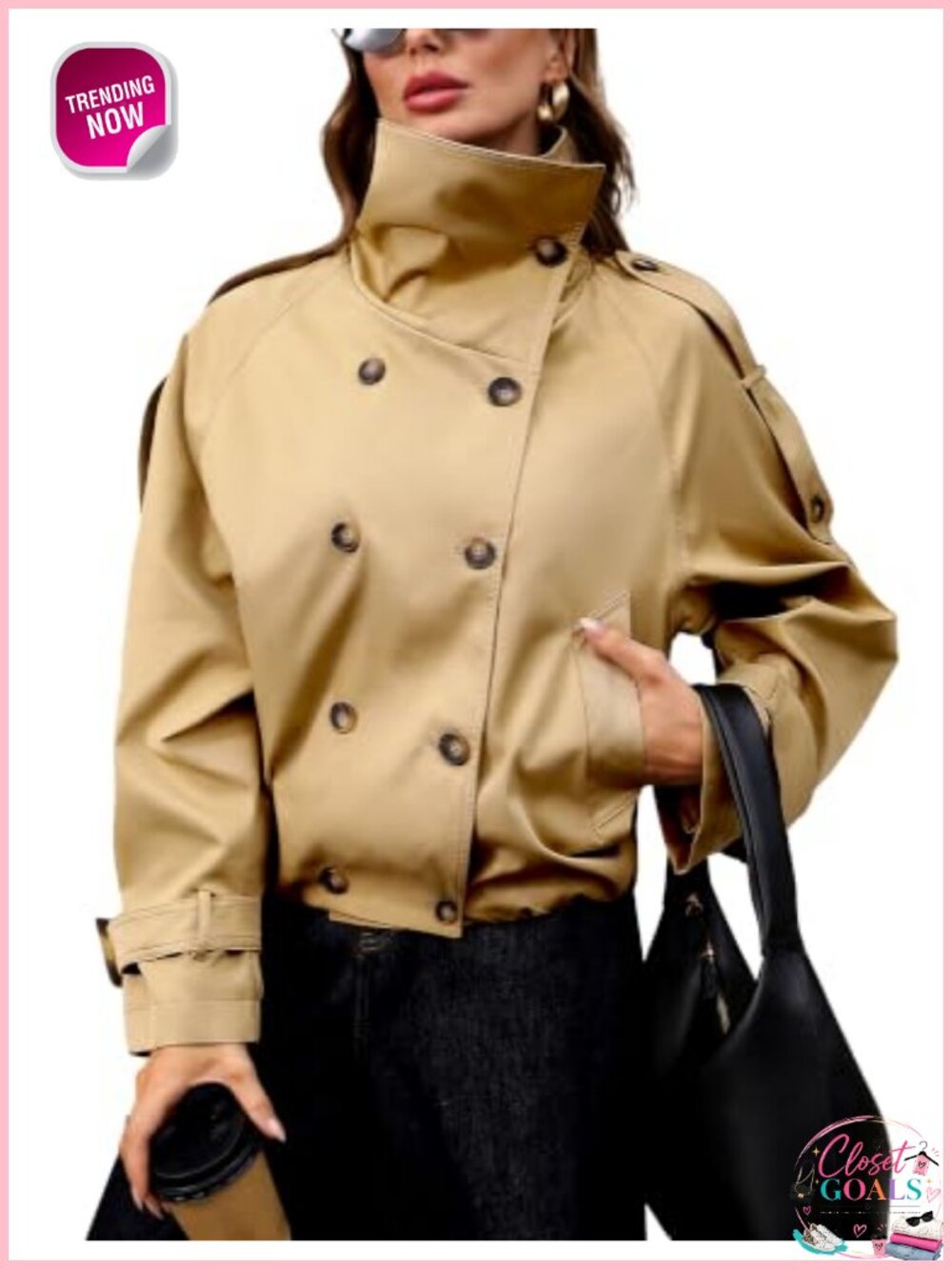 Cropped Trench Coat Women Funnel Neck Button Pockets